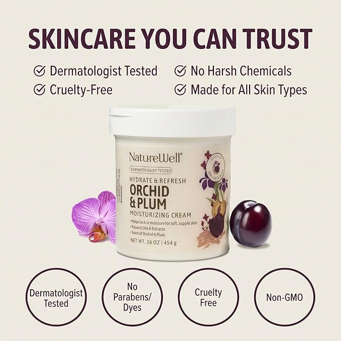 NATURE WELL Orchid & Plum Hydrate & Refresh Moisturizing Body Cream, Infused with Natural Oils & Extracts, Non-Greasy, Lightweight Texture, Helps Lock in Moisture for Soft, Silky, & Supple Skin,16 Oz