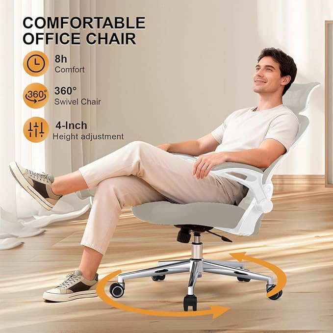 Office Chair, Ergonomic Breathable Mesh Chair,Flip-Up Arms and Adjustable High Back Lumbar Support,Comfy Computer Chair for Home Office (Beige, 407)