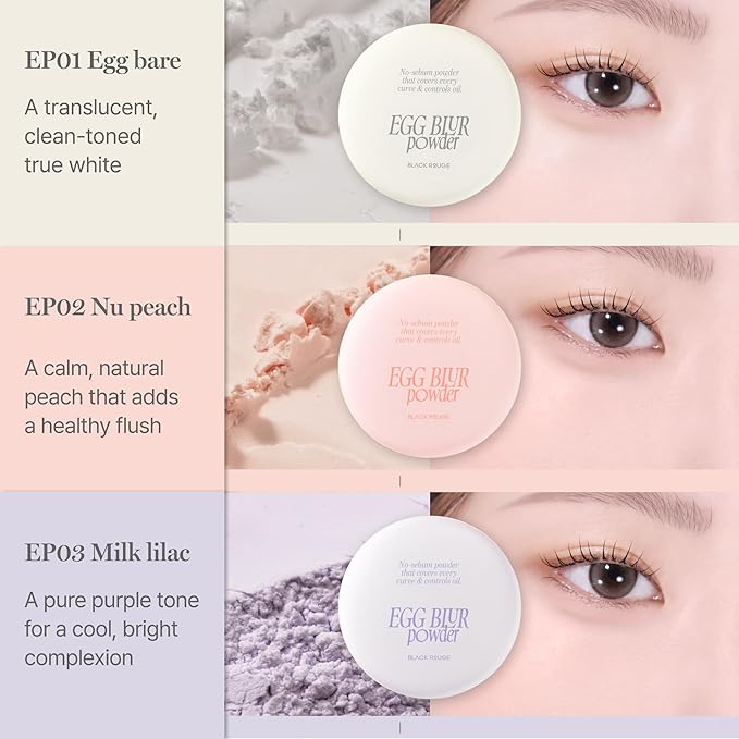 BLACK ROUGE, Egg Blur Powder, EP01 Egg bare, Loose Face Powder, Korean Makeup Oil Control Compact with Puff, Lightweight Long-Lasting Setting Powder in White, Peach & Purple, 0.17oz