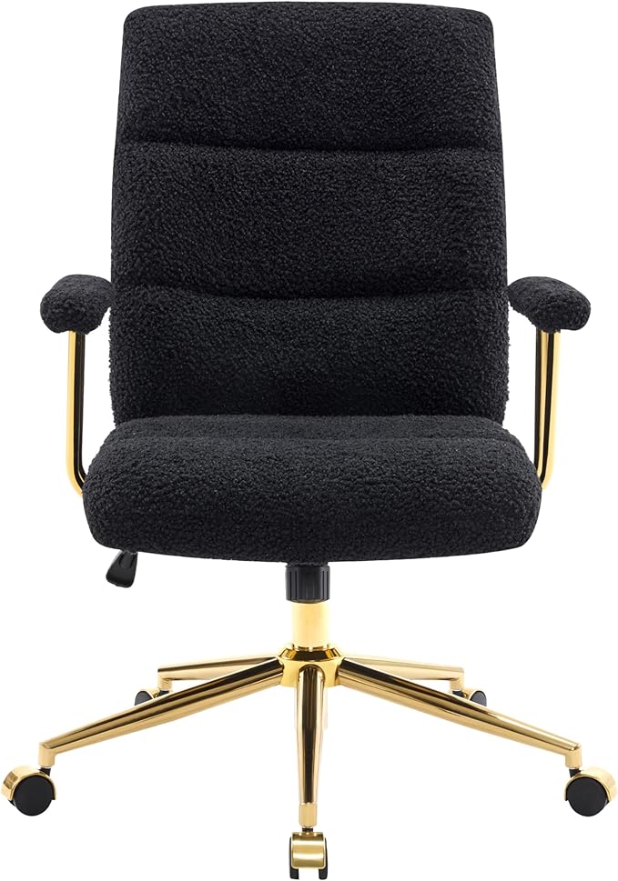 Elegant Black and Gold Office Chair with Textured Boucle Fabric, Modern Desk Chair with Padded Seat, Height Adjustable with Durable Gold Base