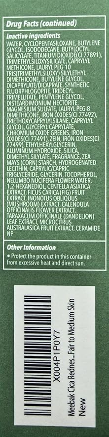 Meebak Cica Redness Color Correcting SPF 50 - Green to Beige CC Cream with Niacinamide and Centella - Neutralizes Redness for Fair-to-Medium Skin Tones - Korean Skincare