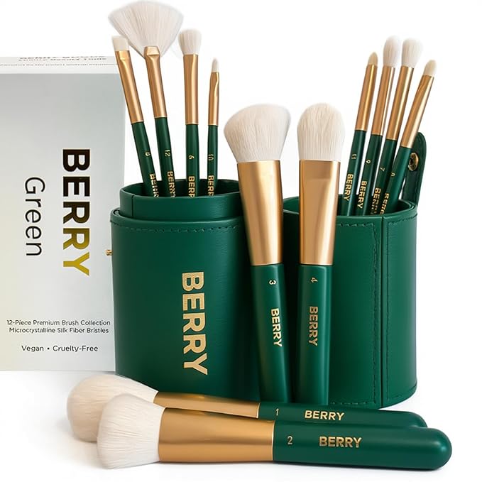 BERRY GOODS 12-Piece Makeup Brush Set with Microcrystalline Silk Fibers – Ultra-Soft, Vegan & Cruelty-Free Face & Eye Brushes with Travel Case (BERRY Green)