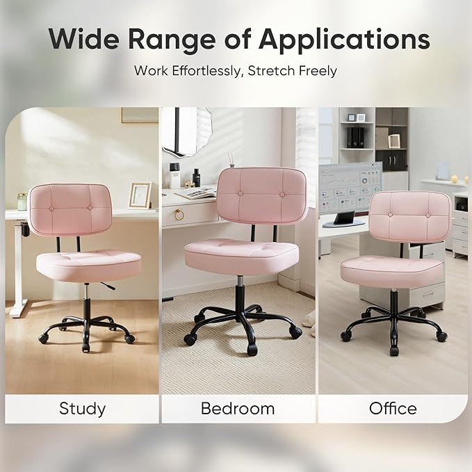 DUMOS Home Office Desk Chair - Ergonomic Armless PU Leather Computer Rolling Task Chair，with Comfy Lumbar Support and Height Adjustable, Vanity, Bedroom, Pink