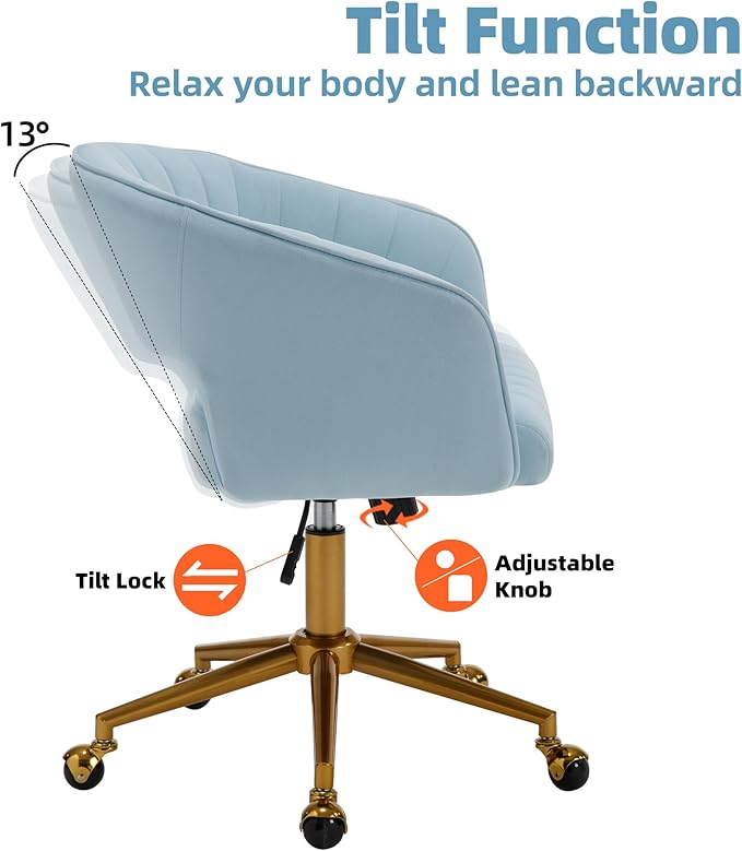 Westice Home Office Desk Chairs, Modern Velvet Rolling Chair, Height Adjustable Swivel Vanity Chair with Golden Base, Ergonomic Chair for Study, Living Room Computer Room, Light Blue