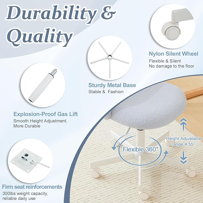 VINGLI Candy Chair Armless Cute Desk Chair,Comfy Small Office Chair with Wheels,Vanity Chair with Lumbar Support,Teddy Adjustable Rolling Swivel Computer Task Chair for Home Office,Bedroom,Poetic Blue