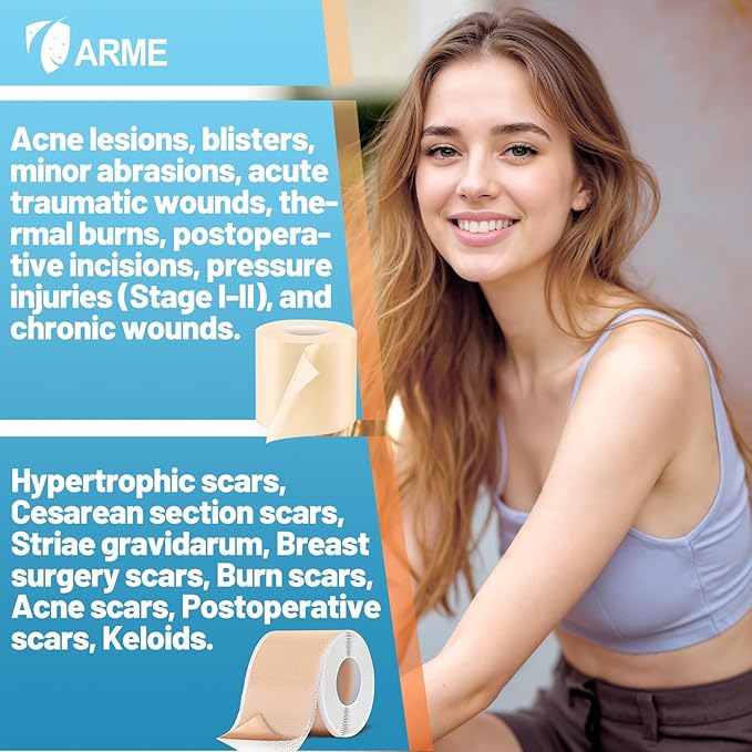 Arme Hydrocolloid Roll for Wound Care, Hydrocolloid Bandages(2in*16ft)&Scar Sheets(2in*16ft) First Aid Kit, Ultra Absorbent Medical Grade Hydrocolloid Tape with Self-Adhesive for Burn Acne Blister