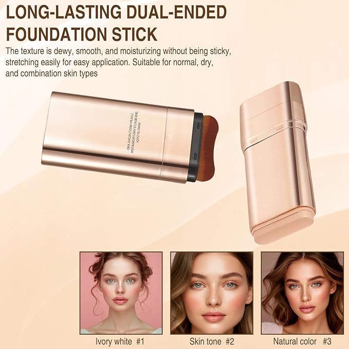 2Pcs Dual-Ended Concealer Foundation Stick, Foundation Stick Korean 3 in 1 with Brush, Lightweight Brighten Flawless Long-Lasting for All Skin Types (Bright White)