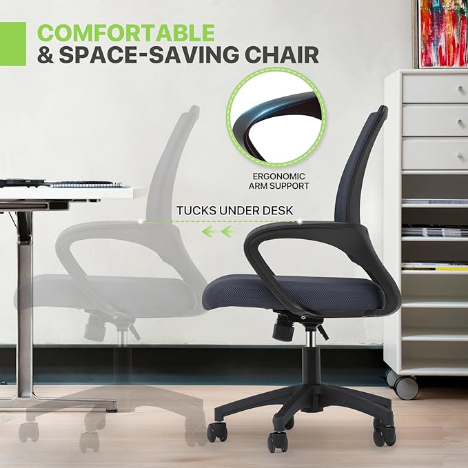 Magshion Ergonomic Office Desk Chair, Mid-Back Mesh Computer Chair, Swivel Chair with Breathable Backrest & Lumbar Support, Adjustable Height for Gaming, Work, Study, 300 Lbs Capacity, Gray