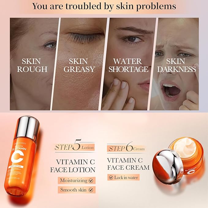 6 Piece Hydrating Skincare Gift Set for Women, Vitamin C Face Care Kit Includes Cleanser, Toner,Serum,Eye Cream,Moisturizer & Body Lotion for Teen Girls Daughter Mother's Day Christmas Birthday Gifts