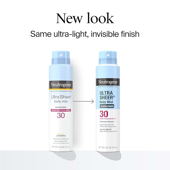 Neutrogena Ultra Sheer Body Mist Sunscreen Spray, Broad Spectrum SPF 30, Oil-Free & Non-Comedogenic UVA/UVB, 5 oz Pack of 3, Packaging may vary