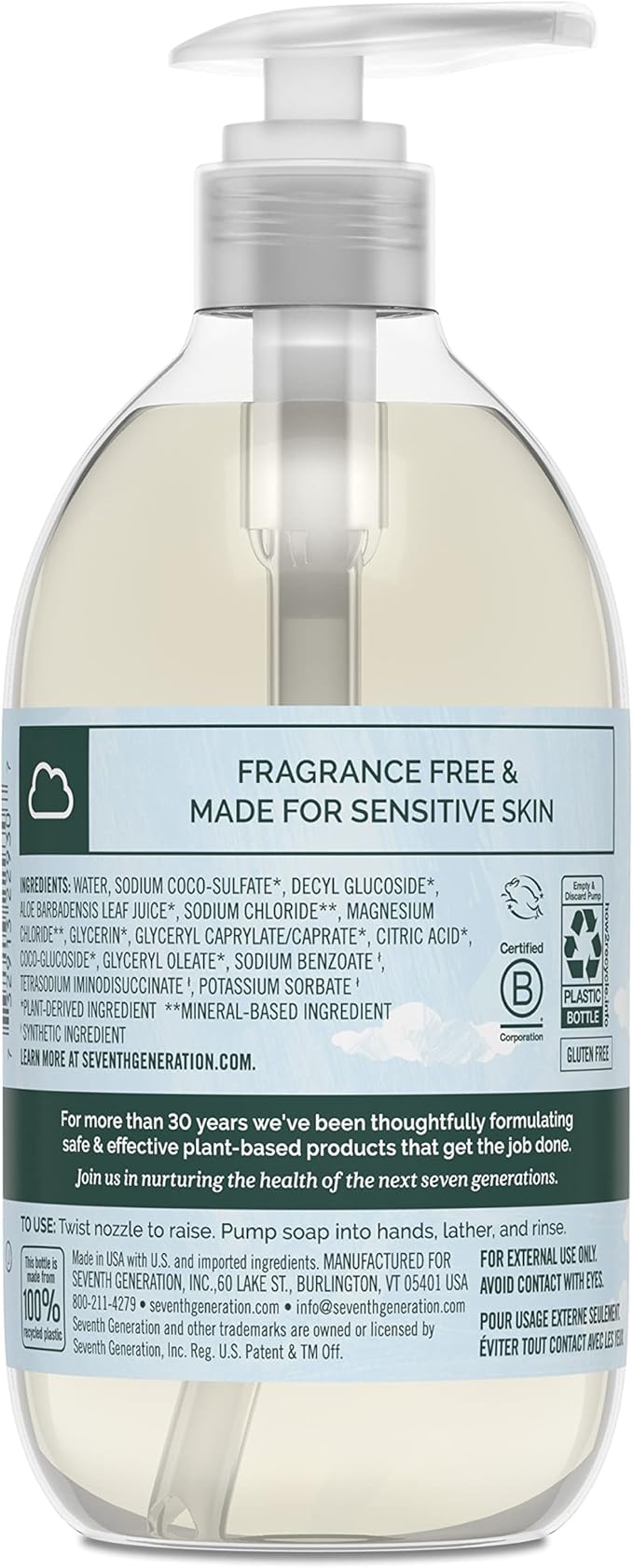Seventh Generation Liquid Hand Soap Fragrance Free Free & Clean Unscented Hand Soap 12 Fl.oz, Pack of 8