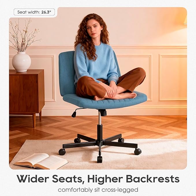 PayLessHere Criss Cross Chair Wide, Armless Office Desk Chair,Backrest Vanity Chair with Wheels 360 Swivel, Height Adjustable for Home Office, Home Office Blue