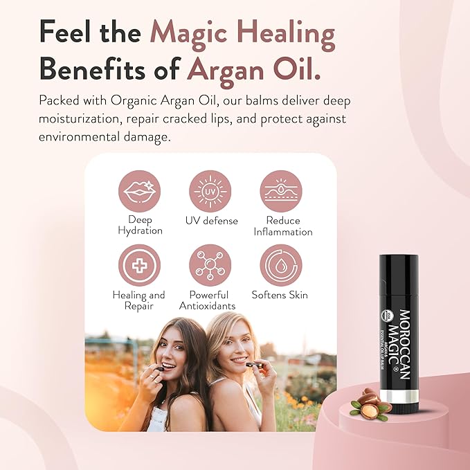 Moroccan Magic Vegan Vanilla Lip Balm 3 Pack | Ultra-Hydrating Argan & Essential Oil Lip Moisturizer + Vitamin E | Natural Chapstick for Dry Lips | Organic Ingredients | Lip Balms & Moisturizers