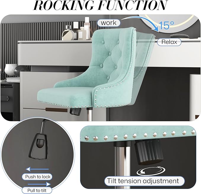 Velvet Armless Home Office Desk Chair, Swivel Height-Adjustable Small Cute Vanity Chair for Women/Girls, Comfy Makeup Chair with Rivet and Gold Base for Living Room, Bedroom(Green)