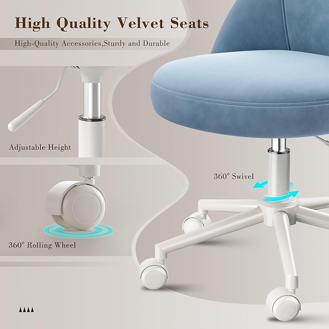 EnHomee Vanity Chair with Wheels, Cute Desk Chair with Back,Comfortable Office Chair with Adjustable Rolling Swivel for Makeup Room Bedroom, Home Office, Armless,Fog Blue