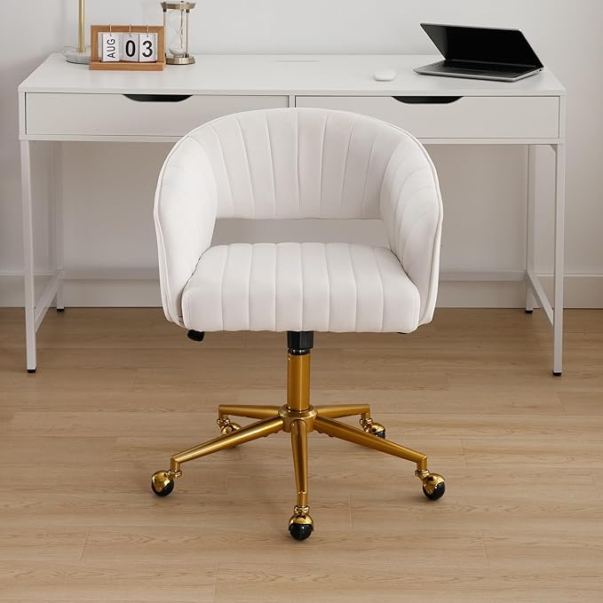 Westice Home Office Desk Chairs, Modern Velvet Rolling Chair, Height Adjustable Swivel Vanity Chair with Golden Base, Ergonomic Chair for Vanity Study, Living Room Computer Room, Beige