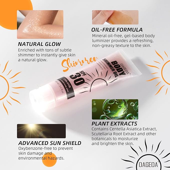 DAGEDA Body Glow Oil, SPF 30 Broad Spectrum Glitter Sunscreen, Lightweight, Non-sticky Sunscreen Body Shimmer, Sun Protection with Centella Asiatica Extract, UVA/UVB Protection, Rose 3.4 fl.oz