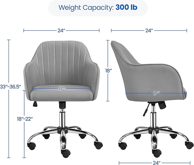 Yaheetech Modern Velvet Vanity Desk Chair Height-Adjustable Swivel Computer Armchair for Makeup Room Living Room Bedroom Light Gray