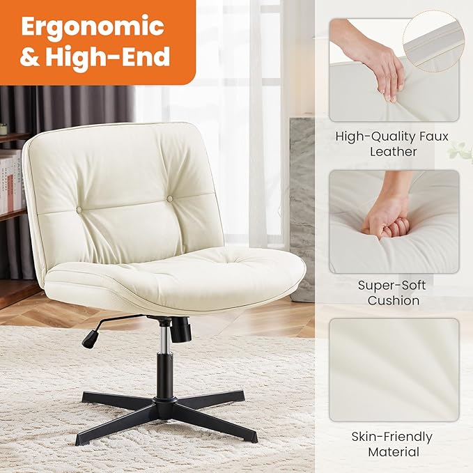 Sweetcrispy Armless-Office Desk Chair Without Wheels, Cross Legged Wide Chair, PU Leather Comfortable Adjustable Swivel Computer Task Chairs for Home,Office,Make Up,Small Space,Bed Room Light Beige