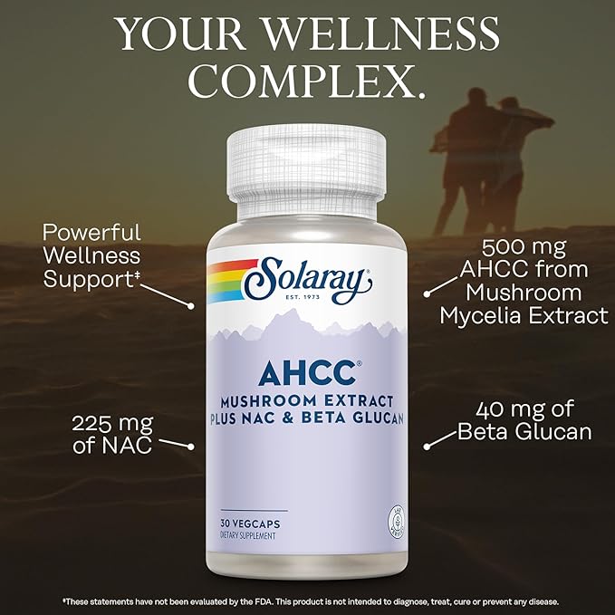 SOLARAY AHCC Mushroom Supplement Plus NAC and Beta Glucan - Mushroom Complex for Powerful Wellness Support - 60-Day Guarantee, Lab Verified - 30 VegCaps, 30 Servings