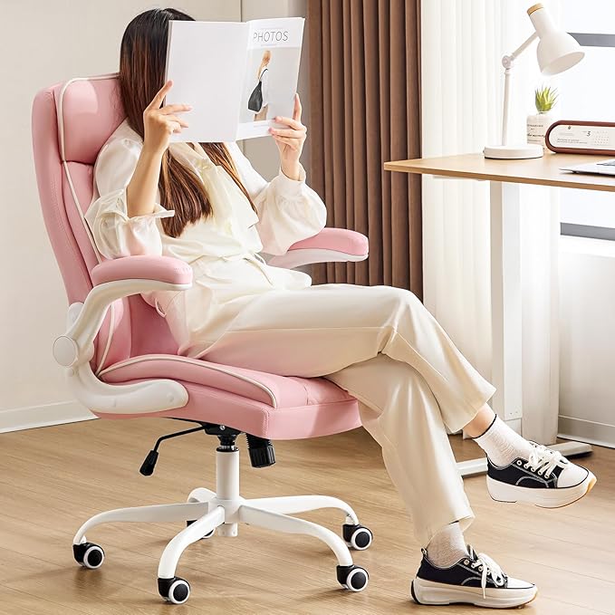Leather Office Chair, Computer Desk Chair with Lumbar Support,Height Adjustment, Comfortable Excutive Task Chairs 400lbs with Padded Flip-up Armrests, Pink