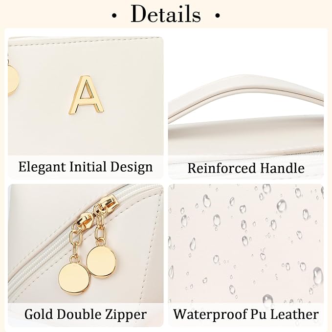 Birthday Gifts for Women Teen Girl, Personalized Initial Makeup Organizer Bag Set, Open Flat Travel Cosmetic Bag With Clear Divider and Handle(Large-Beige,A)