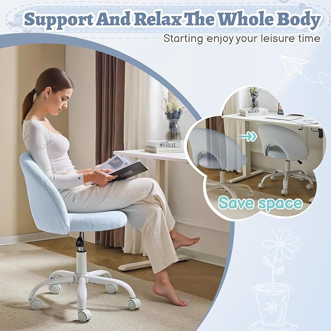 VINGLI Small Vanity Chair with Faux Fur Wheels for Girls,Cute Adjustable Height Armless Office Desk Chair,360°Swivel Comfy Rolling for Study,Make up Room,Small Space,Blue
