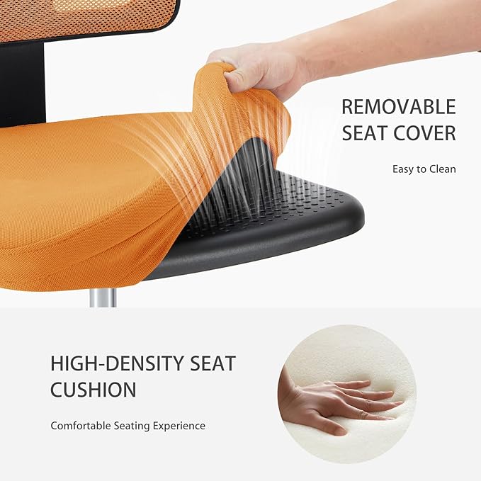NEWBULIG Home Office Desk Chair, Armless Ergonomic Swivel Computer Chair with Wheels, Adjustable Height and Low-Back Mesh Design, Rolling Chair with Lumbar Support and Comfortable Seat, Orange