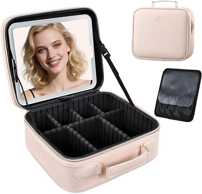 Travel Makeup Bag with LED Mirror 3 Color Modes,10.2-in Pink Vegan Leather Makeup Organizer Bag with Adjustable EVA Dividers and Independent Brush Panel