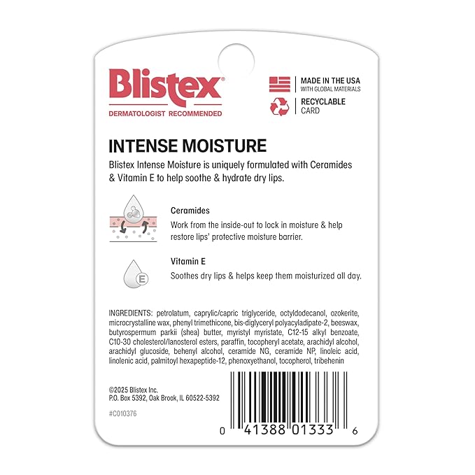 Blistex Intense Moisture -– All Day Hydration Lip Balm & Moisturizer for Dry Lips - Ceramides to Lock in Moisture – Vitamin E Smooths, 1 Count, 0.13oz (3.69 g)