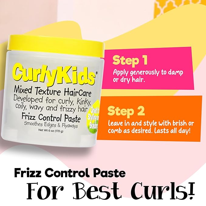 CurlyKids Frizz Control Paste - Anti-Frizz Styling Paste for Curly, Kinky, Coily & Mixed-Texture Hair - Smooth Edges, Tame Flyaways, Maximum Moisture, No Sticky Residue Formula for Kids Haircare, 6oz