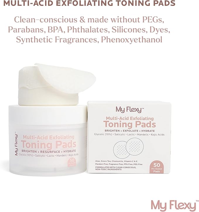 Multi Acid Toner Pads, Exfoliating Face Pads with Glycolic, Lactic, Mandelic, Kojic, & Salicylic Acid. Skin Pore Reducing, Toning, Resurfacing Facial Treatment for Wrinkles & Dull skin-50 Count