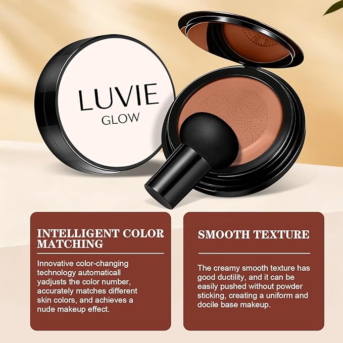 Cushion Foundation/Mushroom Head Air Cushion BB Cream/Long Lasting Hydrating Light Coverage for All Skin Types, Natural Color/Luvie (Mocha)