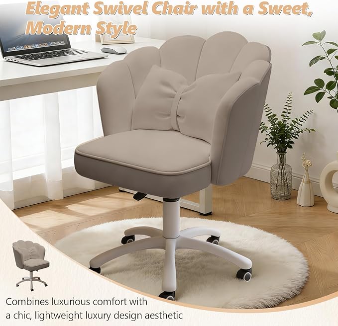 Home Office Desk Chair Swivel Rolling Vanity Chair with Silent Wheels and Comfortable Back, Adjustable Height Upholstered Computer Task Chair for Makeup, Bedroom