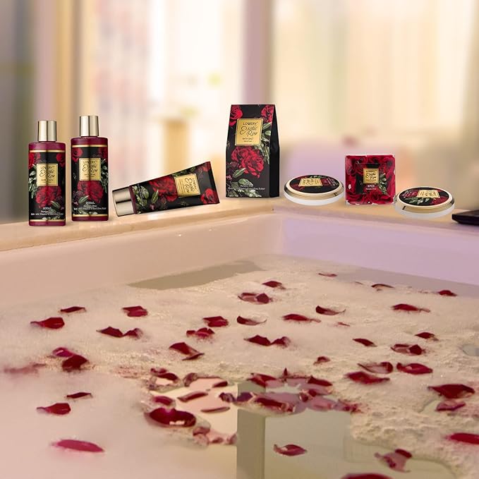 Gifts for Her - Exotic Rose Valentine Gift Basket for Women, Spa Bath and Body Gift Set, Anniversary Gifts for Women, Mom Birthday Gift with Body Scrub, Bubble Bath, Lotion & More
