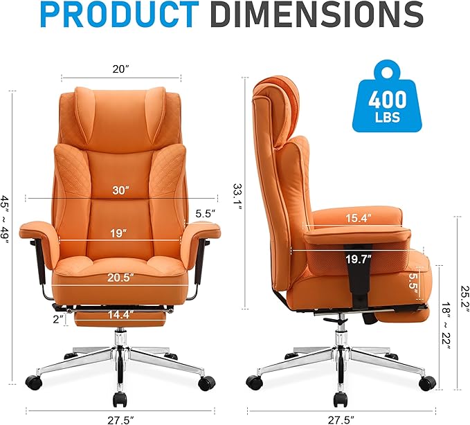 Big and Tall Office Chair, High-Back Leather Executive Reclining Chair with Footrest, Ergonomic Wide Computer Desk Chairs, Comfy Gaming Chair with Lumbar Support and Adjustable Padded Armrests(Orange)