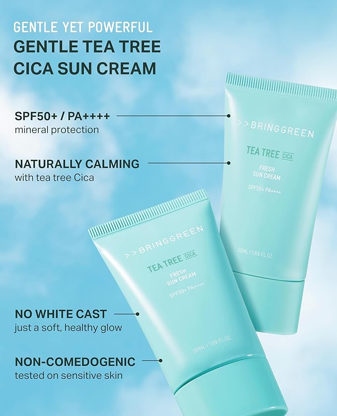 BRING GREEN Tea Tree CICA Mineral Sunscreen SPF 50+ PA++++ | Non-Nano Zinc Oxide Face Sun Lotion, Reef Safe Korean Sunscreen for Sensitive Skin, Oil-Free, 1.69 fl. oz