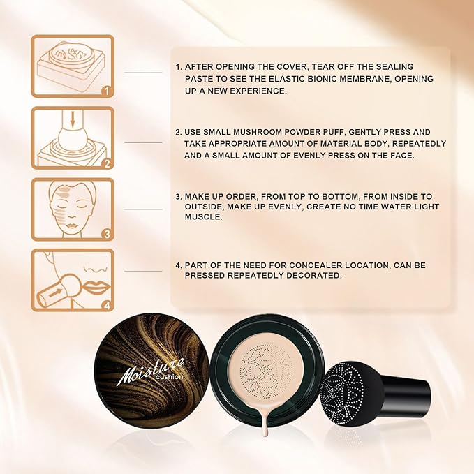 Mushroom Head Air Cushion CC Cream - Tattoo Cover up Makeup Waterproof for Mature Skin Moisturizing Concealer Brighten Long-Lasting, Gold Packaging (Buff Beige, 3.21 Ounce (Pack of 1))