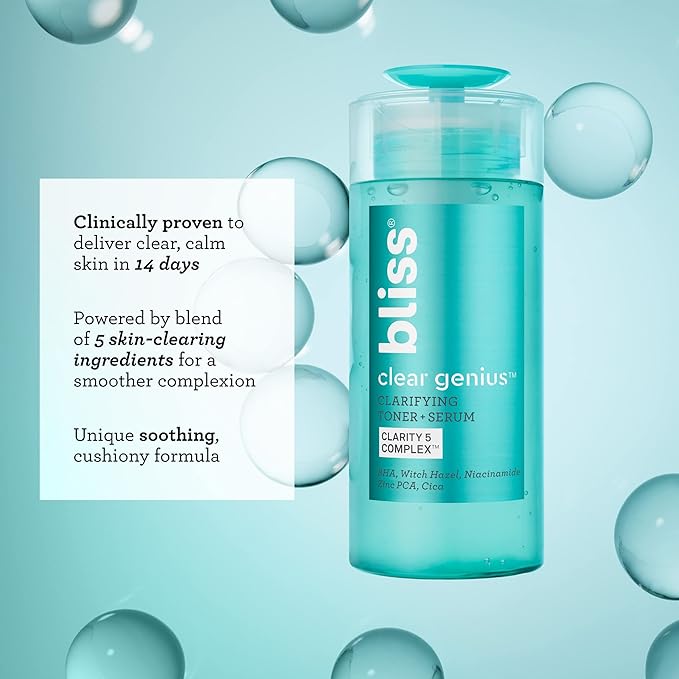 Bliss Clear Genius Clarifying Toner + Serum and Micro Magic Skin Renewing Microdermabrasion Facial Scrub - Calm Skin & Tighten Pores - Vegan & Curelty-Free