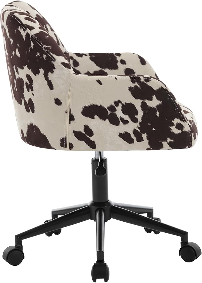 Cow Print Desk Chair Velvet Office Chair, 360° Swivel Work Chair with Mid Back Support Armrest, Adjustable-Height Upholstered Chair for Living Room, Bedroom Home Office, Cow Print