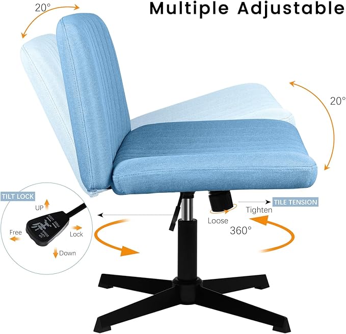 PUKAMI Criss Cross Chair,Comfy Cross Legged Office Desk Chair No Wheels,Modern Fabric Swivel Adjustable Height Mid Back Wide Seat for Home Office Computer (Blue)