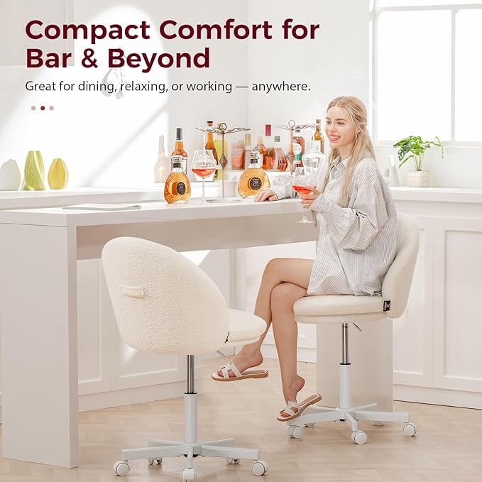 GTPLAYER Velvet Tall Office Chair with Wheels Vanity Chairs with Back, Versatile Height Use: Office to Bar Stools Small Ergonomic Comfy Armlees Computer Desk Chair with Bow Lumbar Pillow for Gift