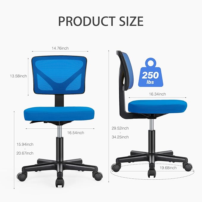 NEWBULIG Home Office Desk Chair, Armless Ergonomic Swivel Computer Chair with Wheels, Adjustable Height and Low-Back Mesh Design, Rolling Chair with Lumbar Support and Comfortable Seat, Blue