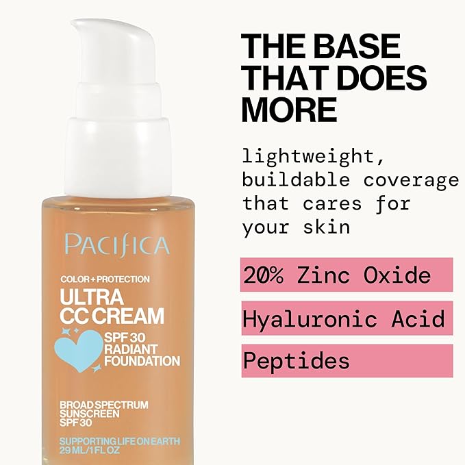 Pacifica Ultra CC Cream Radiant Foundation SPF 17 - Warm/Medium – Medium Coverage Color Correcting Cream, Dewy Finish, Mineral SPF, 1 oz