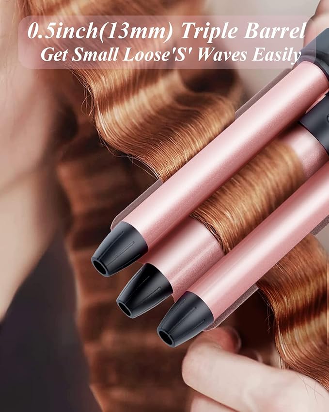 Mini Hair Crimper 4 Temperature Adjustable, 1/2 Inch Small 3 Barrel Curling Iron Hair Waver Dual Voltage Travel Size, Tiny Crimper Hair Tool Create Natural Tight Beachy Waves (Rose Gold)
