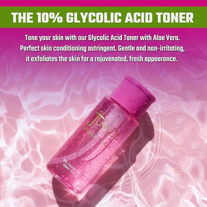 Juvia's Place The 10% Glycolic Acid Toner, 5 fl oz, Aloe Vera, Chamomile, Allanton, Skin Conditioner, Gentle, Non-Irritant, Exfoliates, Glowing, Luminous Skin Appearance, Moisturizer