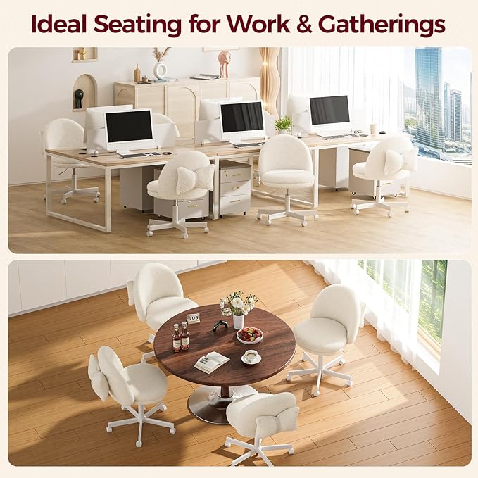 GTPLAYER Velvet Tall Office Chair with Wheels Vanity Chairs with Back, Versatile Height Use: Office to Bar Stools Small Ergonomic Comfy Armlees Computer Desk Chair with Bow Lumbar Pillow for Gift
