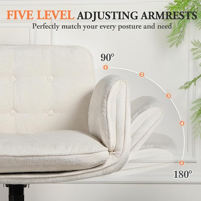 Criss Cross Chair with Wheels & Arms, Chenille Cross Legged Office Chair with 5-level Folding Armrest, Comfortable Adjustable Swivel Vanity Chair for Home, Make Up, Bed Room, Office, Accent (White)