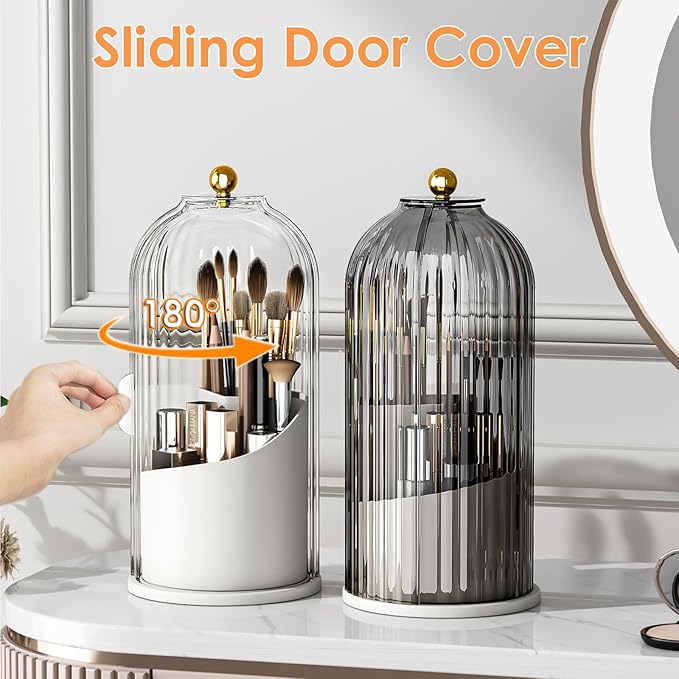 Makeup Brush Holder with Lid 360 Rotating Clear Dustproof Make Up Organizers for Vanity Bathroom Countertop, Transparent | with Lid, 360 Rotating, Dustproof
