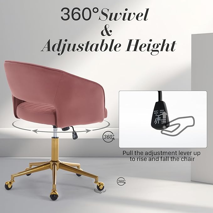 Home Office Swivel Desk Chair, Modern Velvet Vanity Chair, Height Adjustable Armchair with Gold Base, Ergonomic Office Chair for Task Study Computer Room, Rose